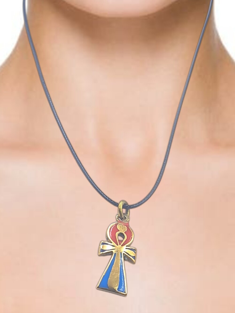 Sterling Silver Enamel Ank Cross Pendant w/ Cord Necklace